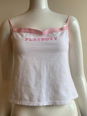 Playboy Lingerie pink white logo printed camisole cami tank top small (stained)